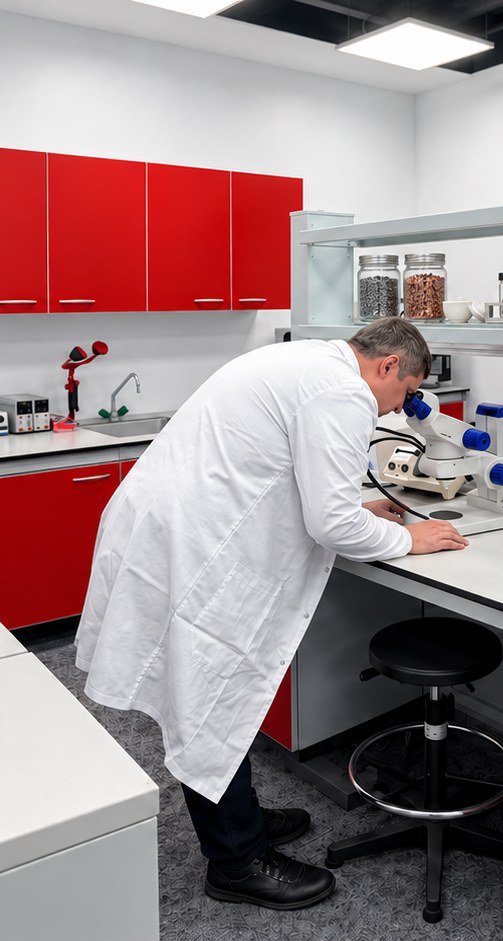 An RMC Polska laboratory technician at a microscope in the laboratory